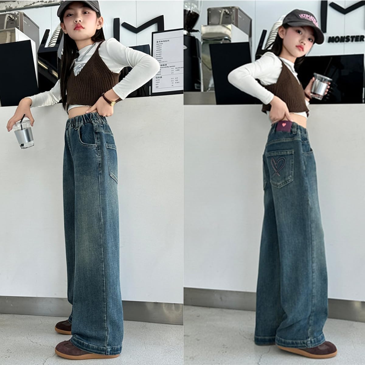 Kids Girls Jeans Washed Elastic Waist Baggy Wide Leg Jeans Size 4-14 Years - Image 4