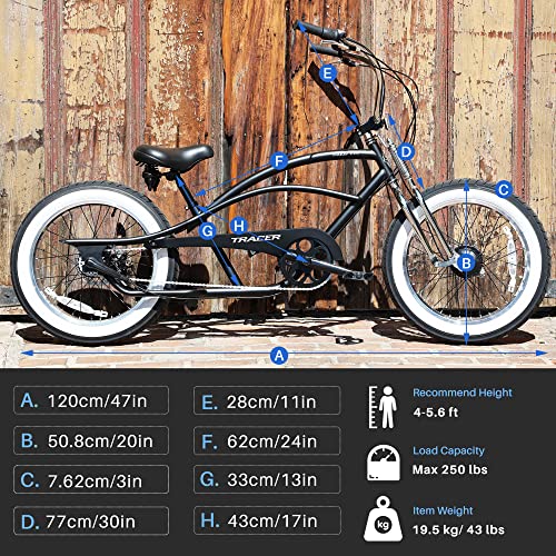 Tracer - 20” Lowrider Stretch Bike, High Rise Handlebar, Dual Suspension Classical Spring Fork, Inter 3 Speed, Disc & Hub Brake, Bmx Bottom Bracket, Matte Black - Master #TOP6