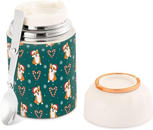 MCHIVER Christmas Cute Corgi Dogs Green Food Jar with Spoon Stainless Steel Vacuum Insulated Food Container 17 oz Food Flask for Hot Food