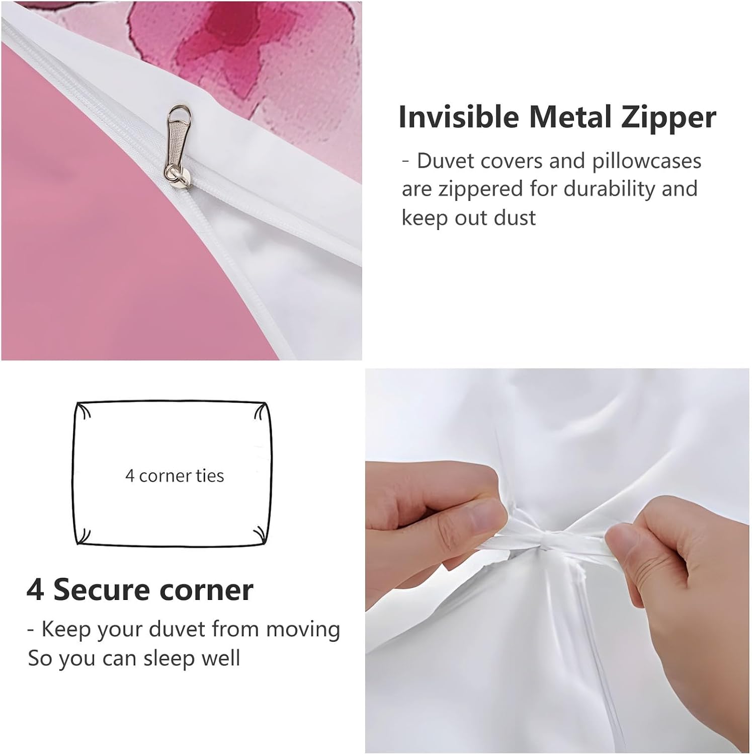 3PCS Light Pink Duvet Cover Set, Plants Flowers Cherry Blossoms Pattern Bedding with Zipper Closure, Duvet Cover King Size Print for Girls Kids and Teens Home Décor