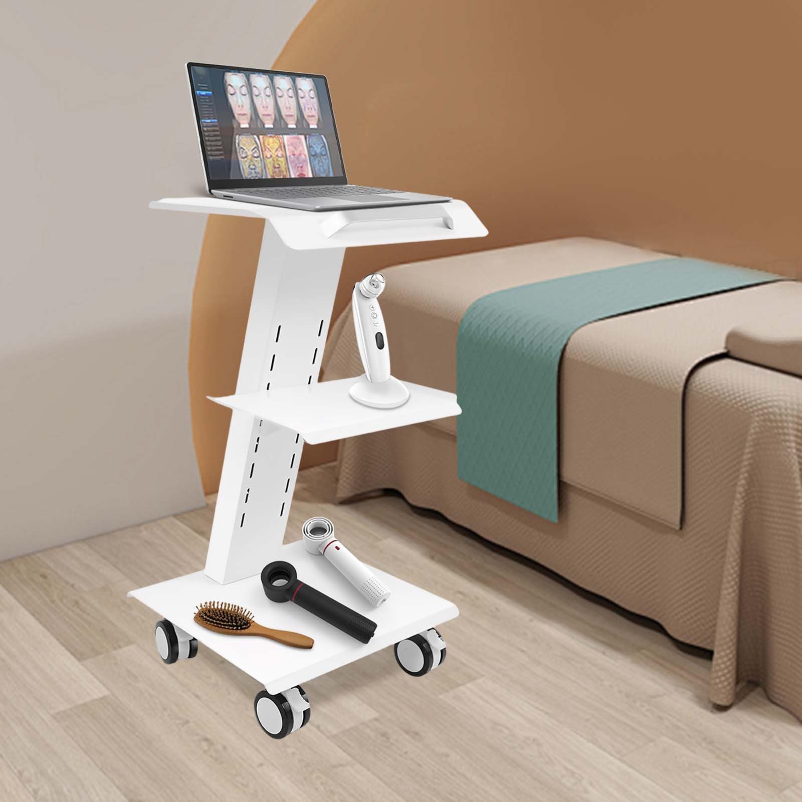 Carrello multifunzione da laboratorio, livello 3, con presa di corrente, carrello per attrezzi, clinica, pratica, studio cosmetico, altezza regolabile, in acciaio, con prese freni, con 3 connettori a