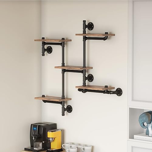 Miniatura 9 de MAIKAILUN Estantería industrial flotante para montar en la pared, estantería rústica y moderna de madera de 5 capas, estantería colgante para el
