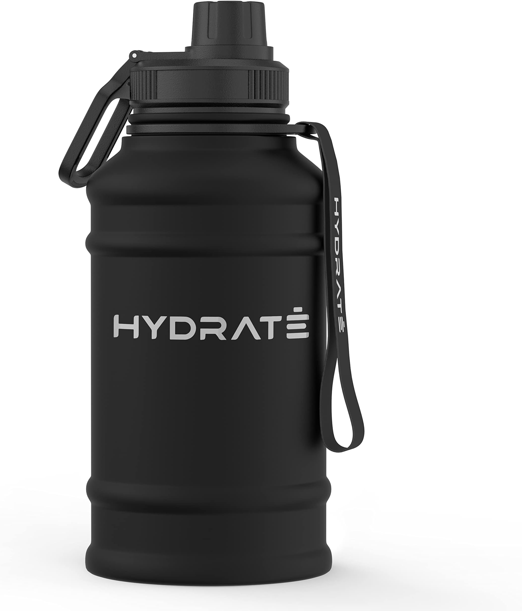 HYDRATE Stainless Steel 43 Oz Water Bottle - BPA-free Metal Gym Water Bottle - Convenient Nylon Carrying Strap and Leak-Proof Screw Cap - Carbon Black
