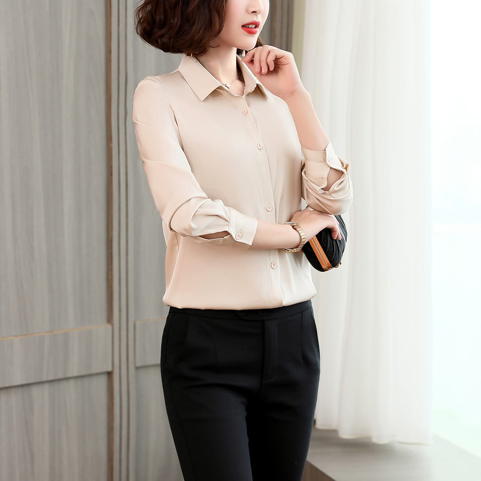Valin Blusa de seda para mujer, camisa de seda sólida, camisa de mujer, blusa de manga larga con solapa, blusa de seda, S1903