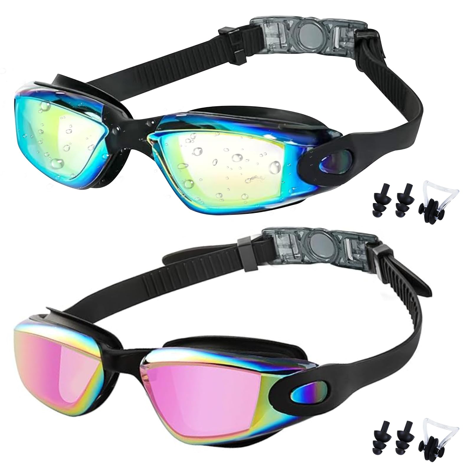 Medsuo Swim Goggles 2 Pack Swimming Goggles Anti Fog No Leaking For Adult Women Men Youth (Blue& Brigt Rose)