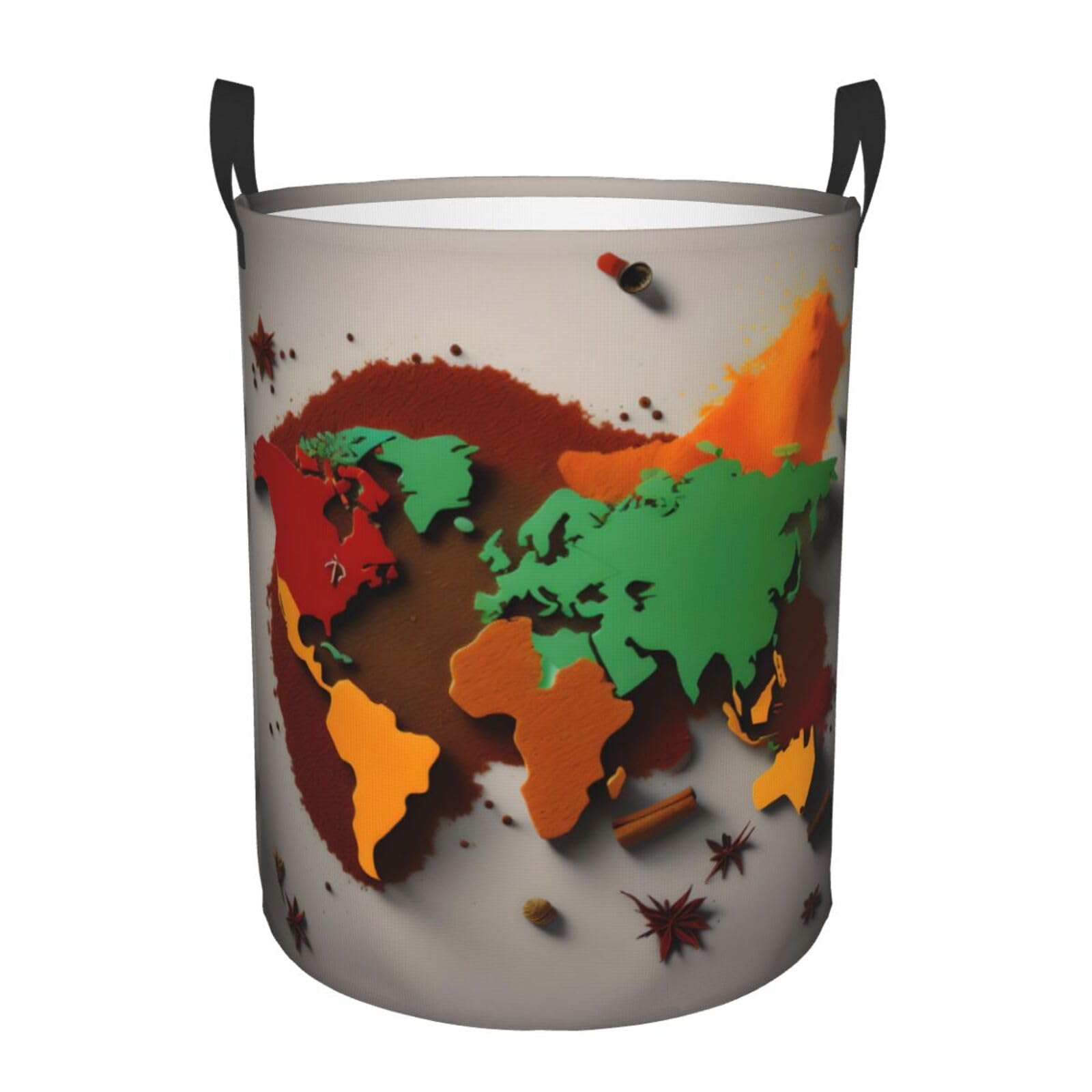 M Collapsible Round World Map Made of Spices Print Laundry Hamper
