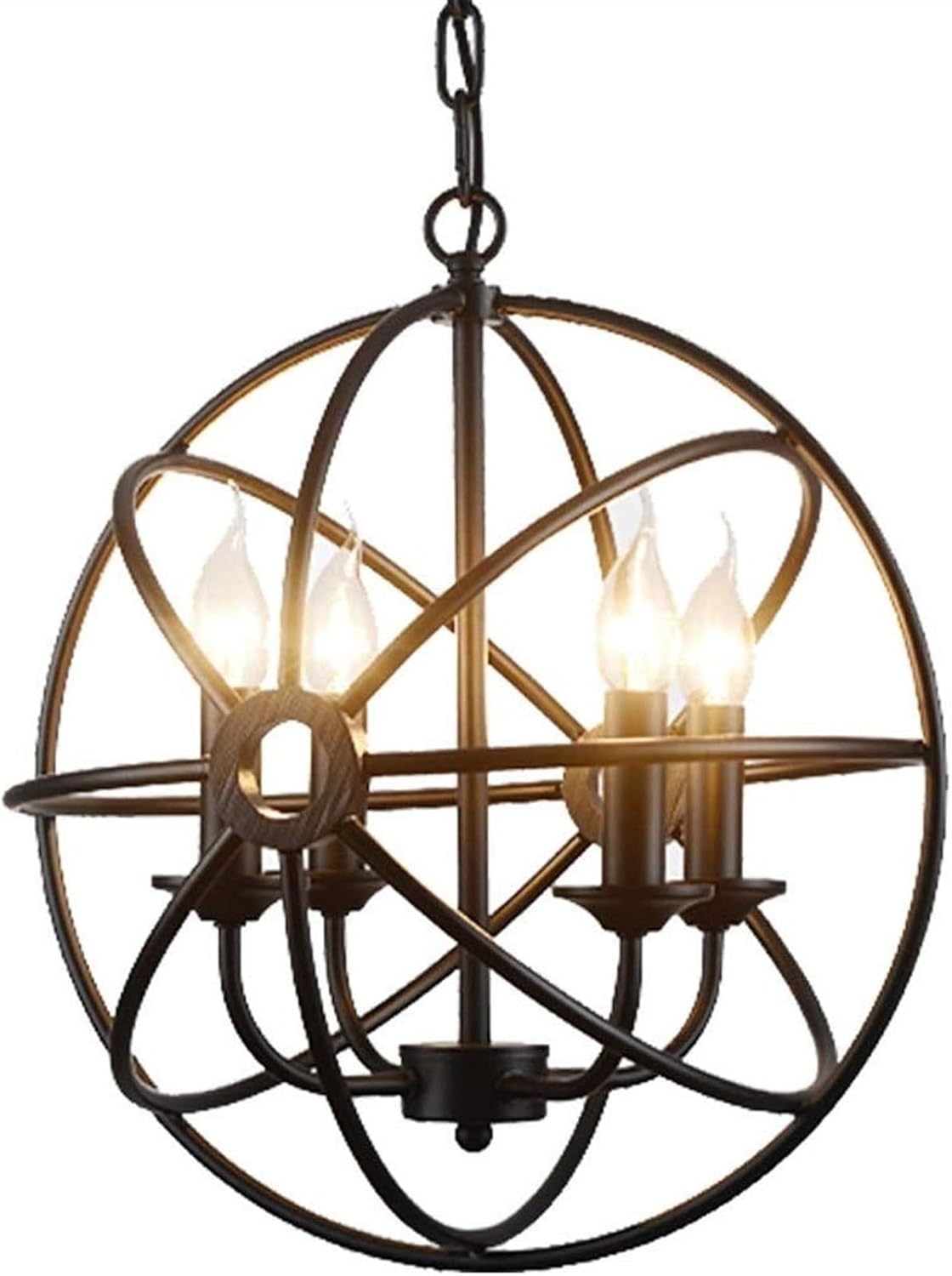 LNPTAL Industrial Metal Globe Chandelier, 16.5 Inch Orbital Sphere Hanging Lamp with 4-Light Candle Base for Dining Room Living Room and Entryway
