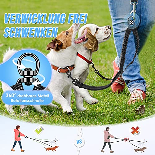 Nasjac Doppelte Hundeleine, kein Verheddern 360° drehbarer Splitter Doppelleine fur Zwei Hunde, verstellbare stoßdämpfende Bungee-reflektierende Leine für Hunde klein mittlere und große Lauftraining