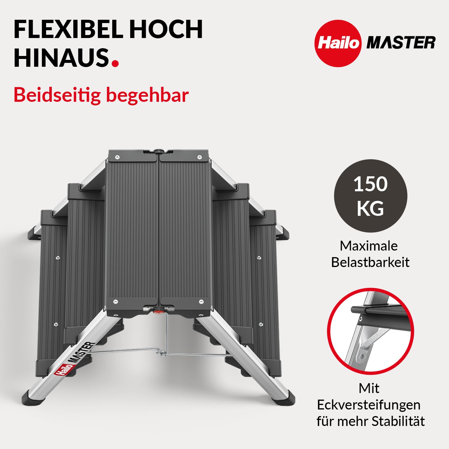 Hailo Master D70 Aluminium Doppelstufen-Trittleiter – kompakte & beidseitig begehbare Klappleiter - Rutschhemmende Stufen & gummierte Füßen - 2 x 3 Stufen - EN 14183 geprüft - belastbar bis 150 kg