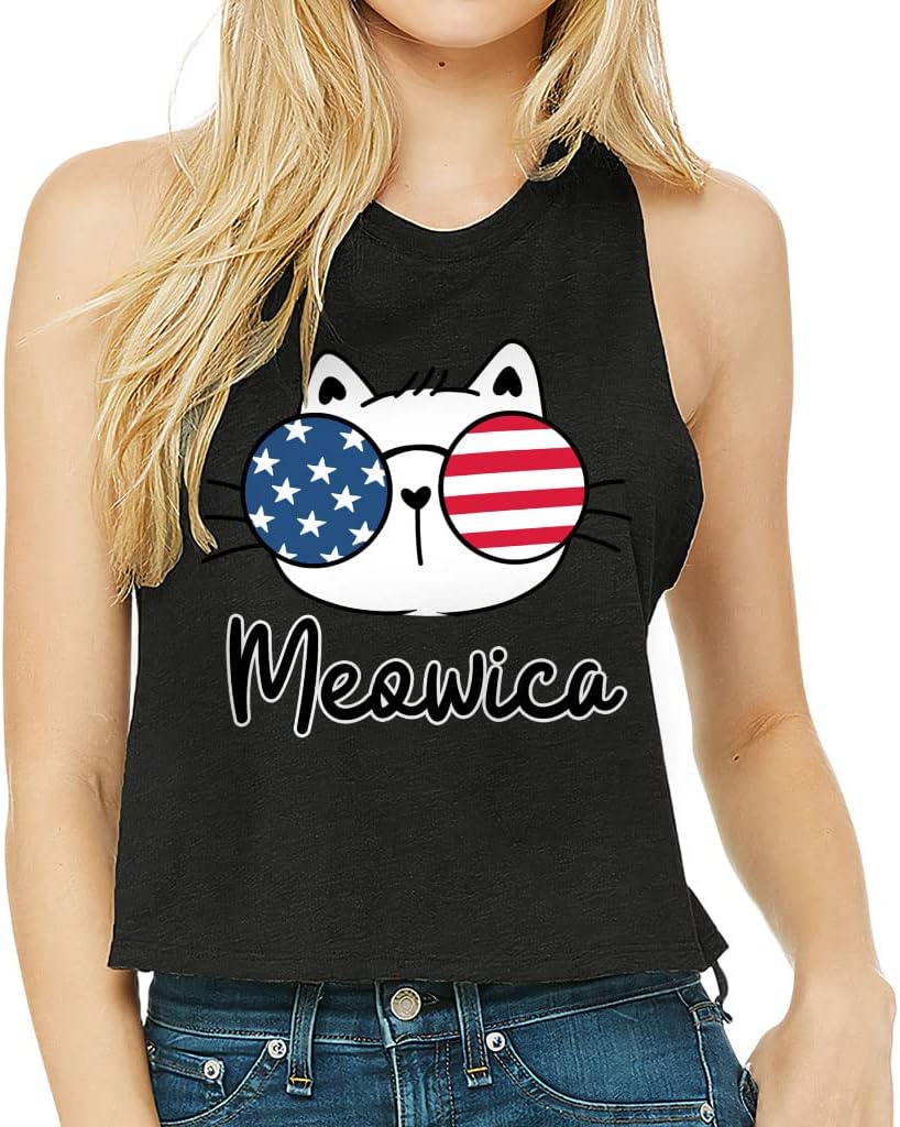American Flag Racerback Cropped Tank - Cat Print Women's Tank - Colorful Tank Top