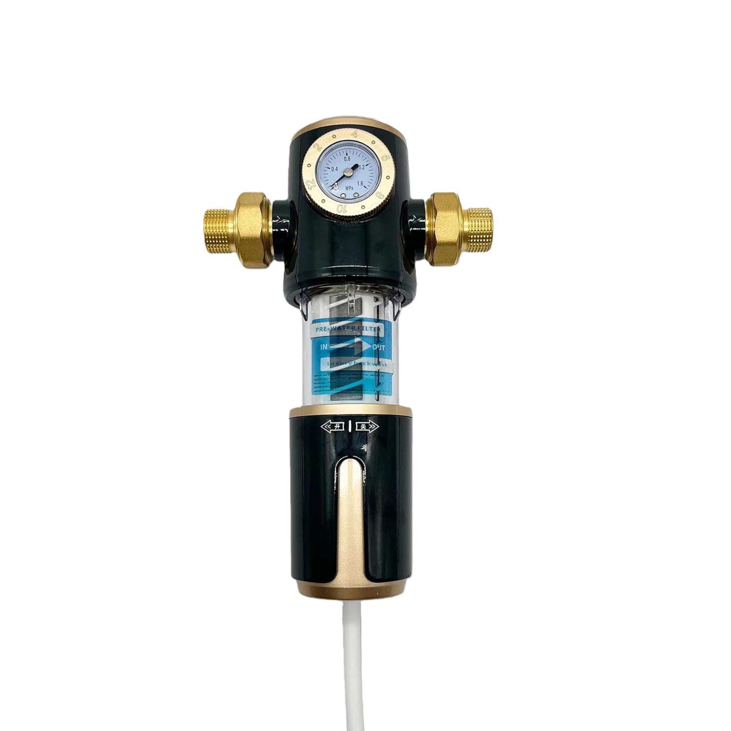 High Flow 40 Micron Spin Down Sediment Filter with Pressure Gauge, 3/4 Inch Brass NPT & PPR 20-25 Adapters, Rotatable Self-Cleaning Flush Scraper with Timer Mark, Includes 60cm Outlet Hose
