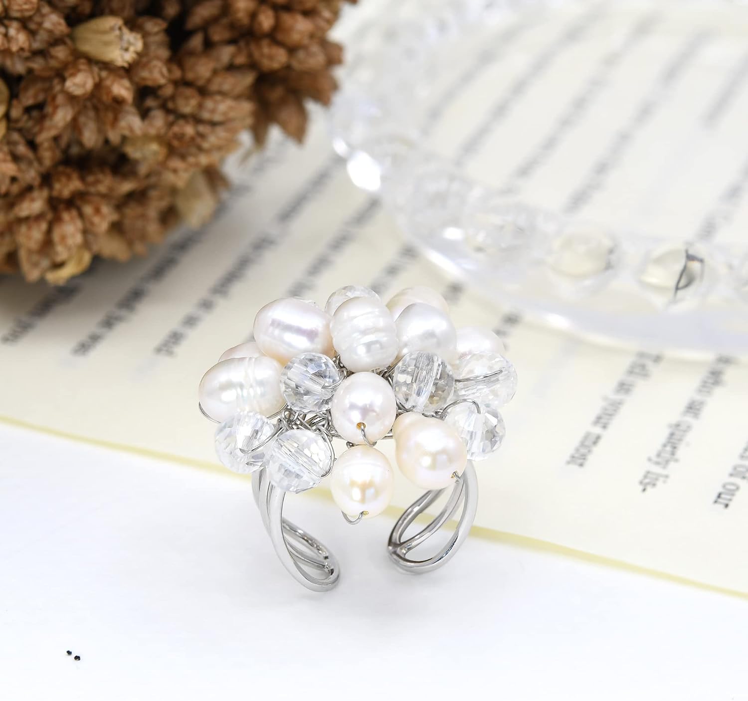AeraVida Sweet Dandelion Cultured Freshwater White Pearl Floral Blast Free Size Ring | Handmade Adjustable Flower Design | Elegant White Pearl Jewelry for Women