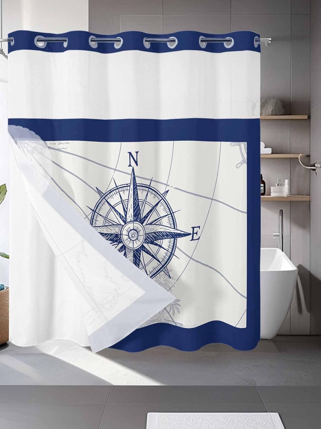 No Hook Shower Curtains, Navy Blue Nautical Standard Shower Curtains with Snap in Liner, Beach Ocean Coastal Compass Waterproof Washable Fabric Bathroom Shower Curtain Sets, 66" x 72"