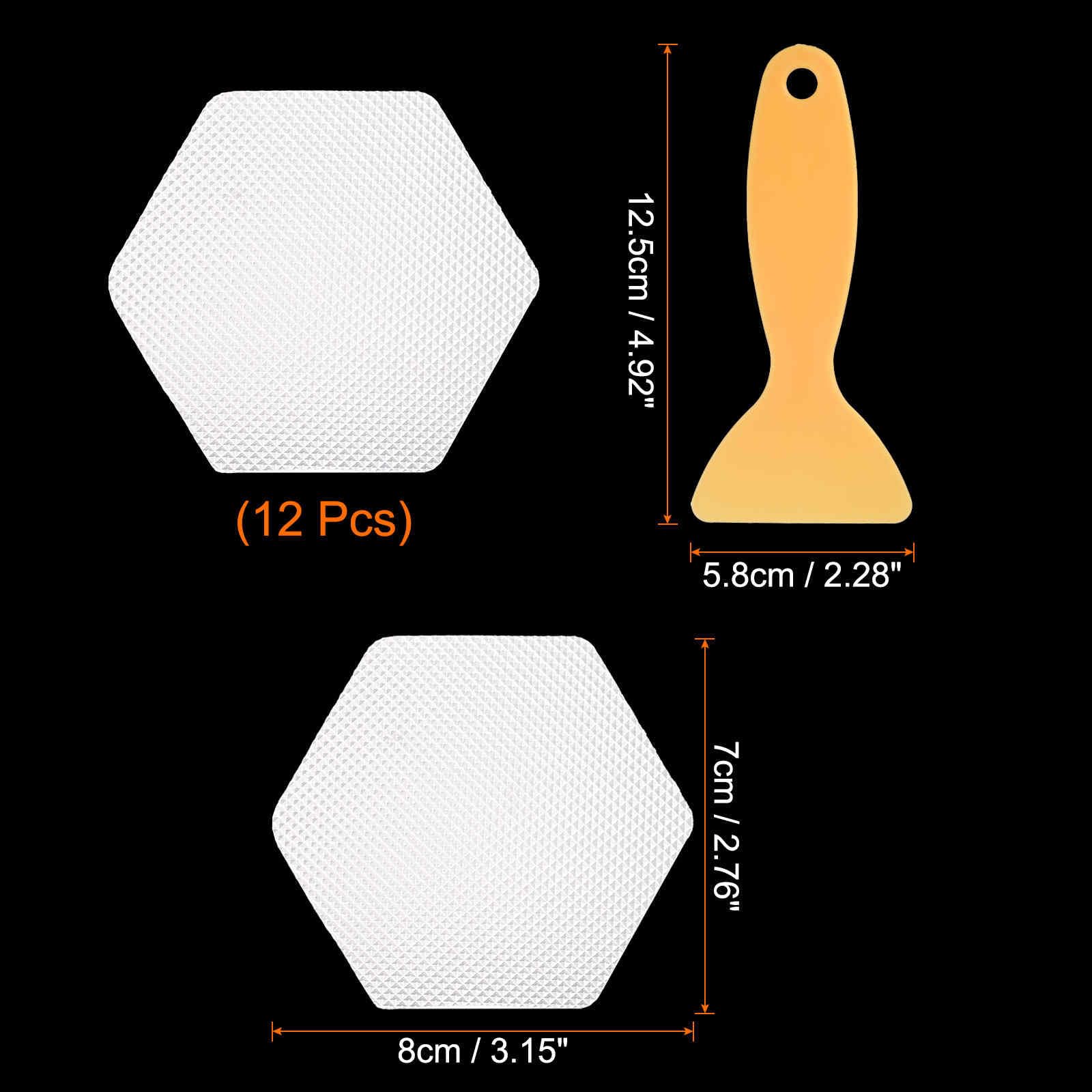 HARFINGTON Juego de 12 calcomanías hexagonales antideslizantes para bañera de 3.15 pulgadas, PEVA, adhesivos antideslizantes con raspador para baño, cocina, peldaños y piscinas, color blanco