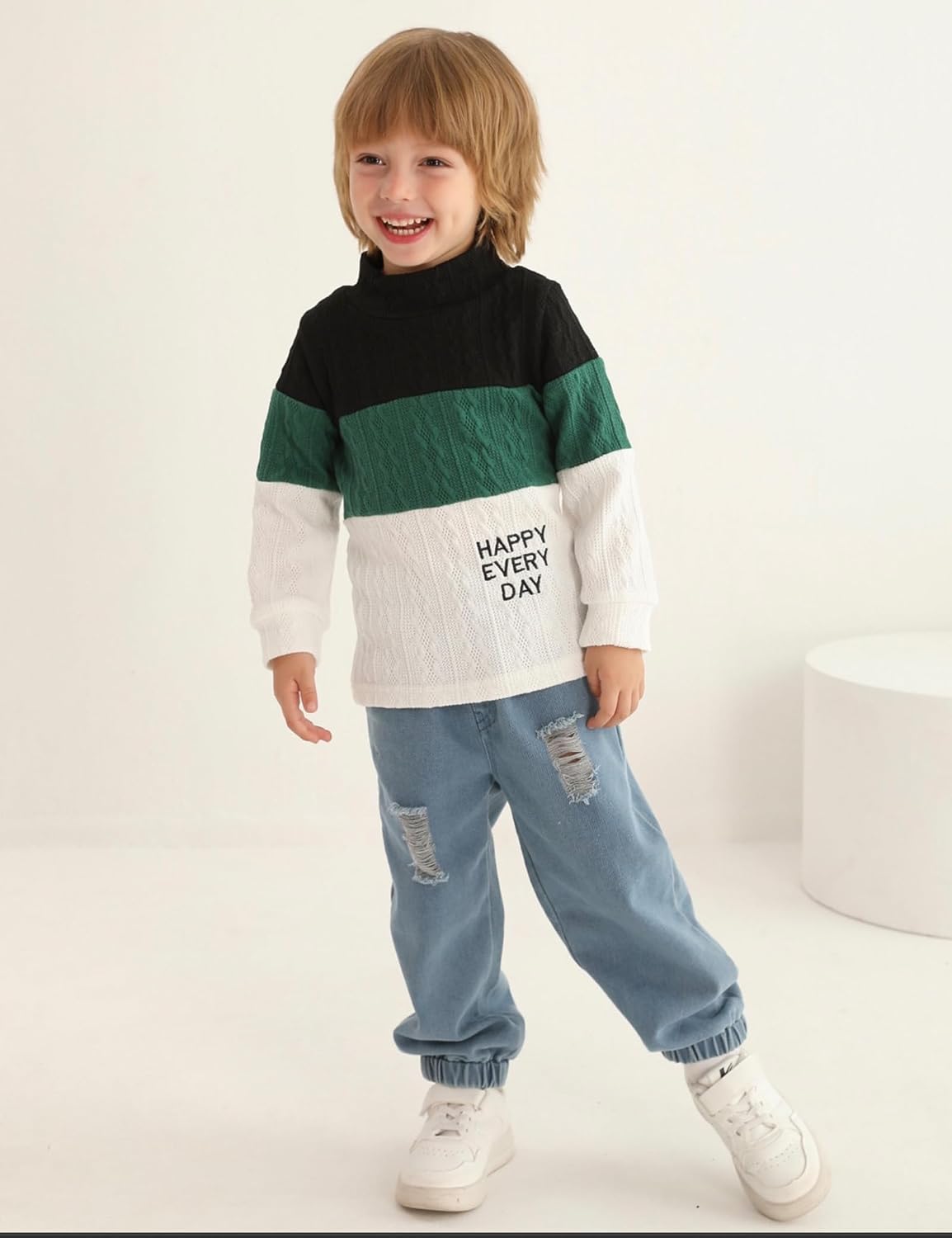 mksodopy Boy Clothes Color Block Sweater Jeans Boys Outifts Set