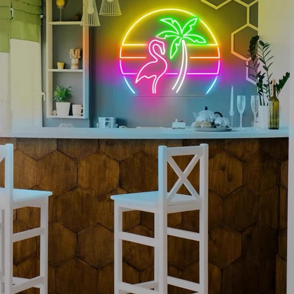 Flamingo Neon Sign Palm Tree Neon Sign, Flamingo Decor Beach House Sign Custom Flamingo Personalized Bar Sign Decor Christmas Lighted USB Size:13x11inch