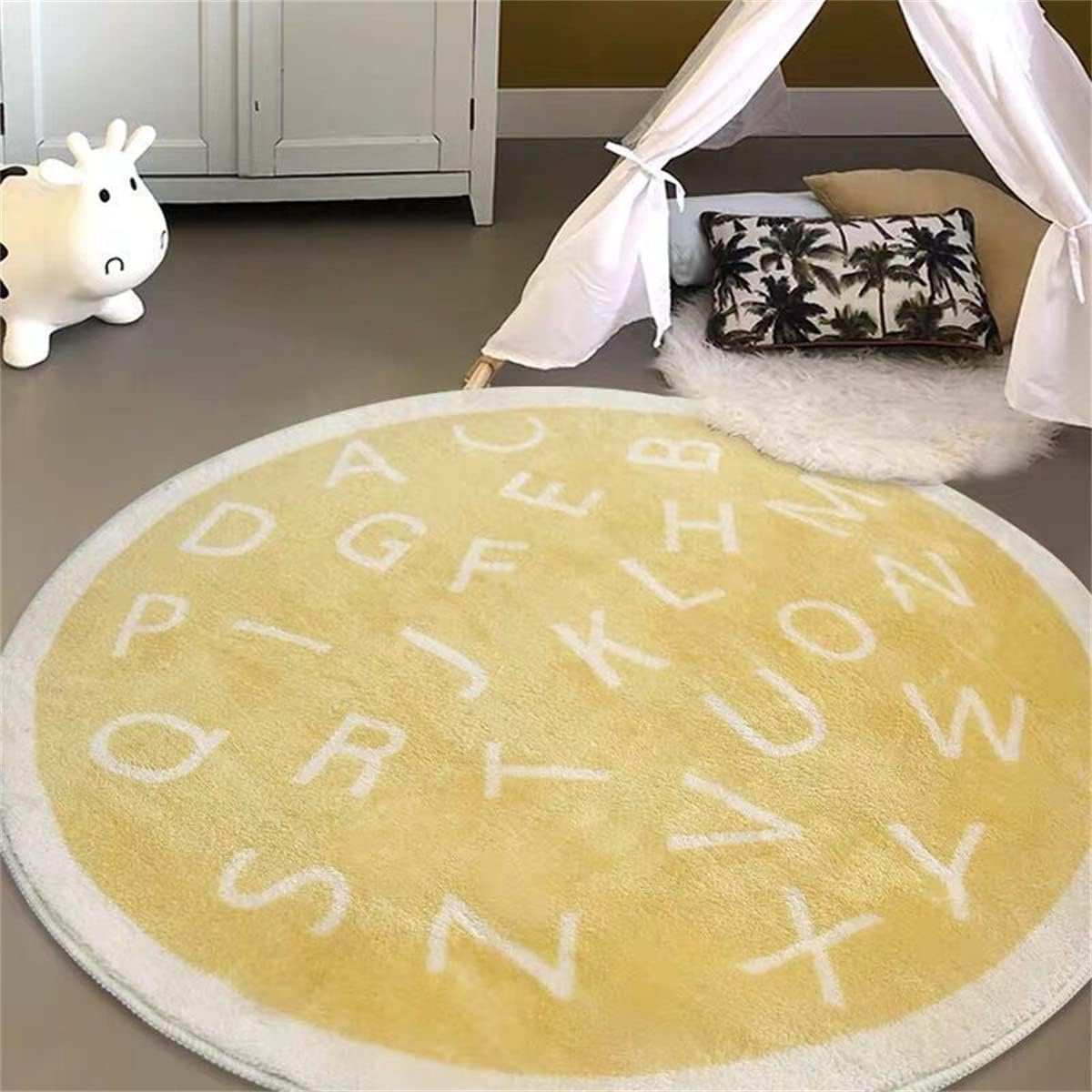 ABC Alphabet Runde Teppich weiche Cartoon Plüsch Teppich niedlich Teppich rutschfest für Baby Kinder Zimmer Klassenzimmer Kinderzimmer Zimmer Jungen Mädchen Zimmer Dekor (Gelb, 100cm)