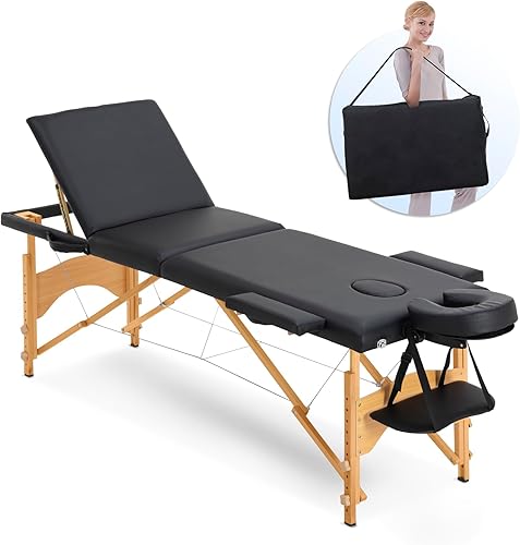 Artechworks Mesa de masaje, cama de masaje portátil de 3 secciones para extensiones de pestañas, mesa de tatuaje de belleza, ajustable, color negro