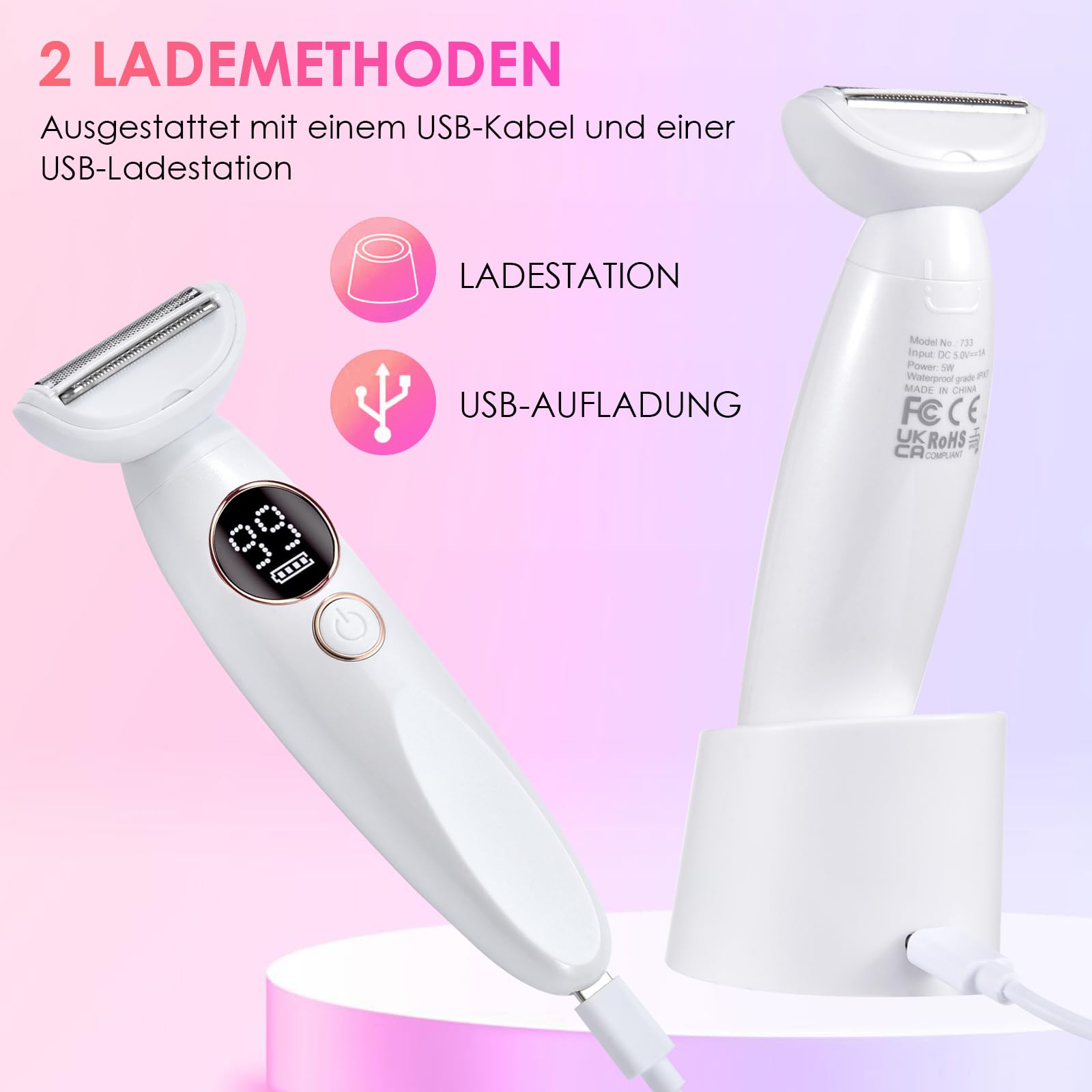 Rasierer Damen, 5-In-1 Elektrische Intimrasierer für Frauen für Bikinizone, Gesicht und Körper mit 3 Aufsätzen und Präzisionskamm, IPX7 Wasserdicht mit Reinigungsbürsten