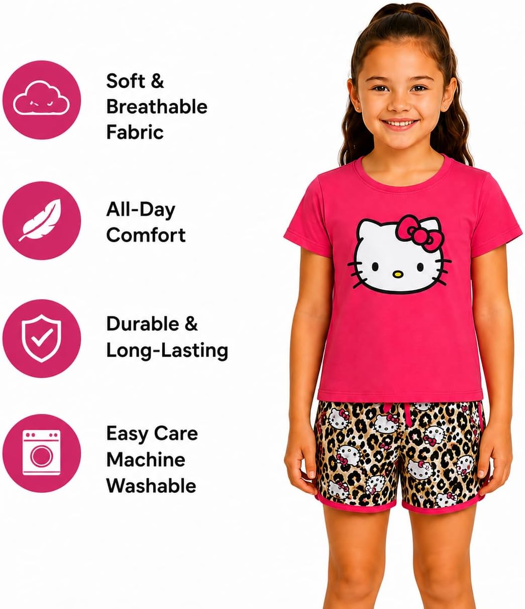 Hello Kitty Girls Short Set - 2 Piece Short Sleeve Graphic Tee and Shorts Clothing Outfits (Sizes: 2T-12)