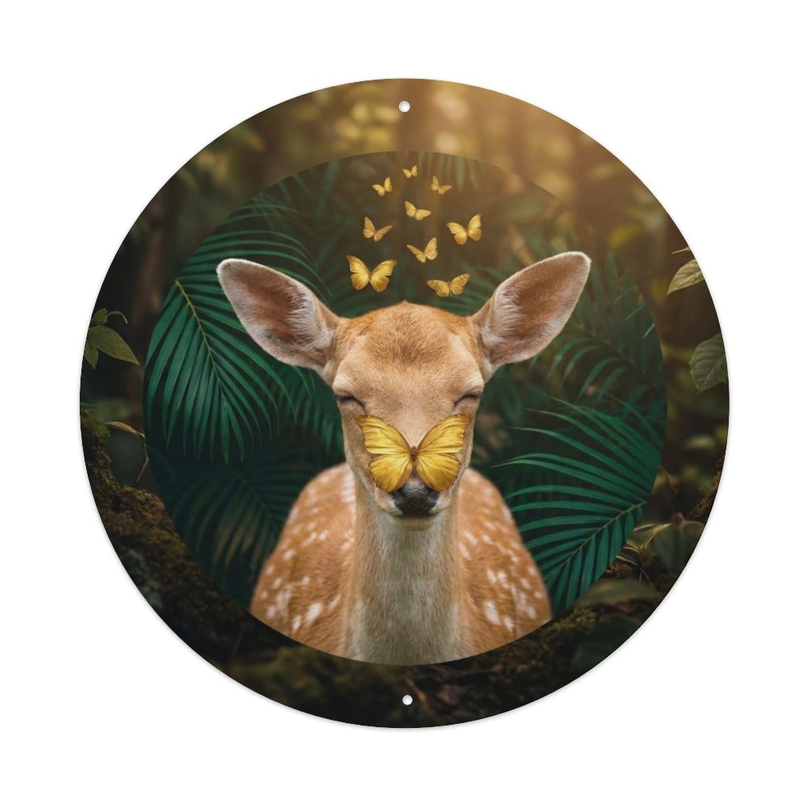 Spotted Fawn Golden Butterfly Cute Wildlife Woodland Kawaii Metal Tin Sign Plaque Wall Decor for Cafe, Man Cave, Club Bar, Office, Home Garden Round Metal Poster 8x8Inch