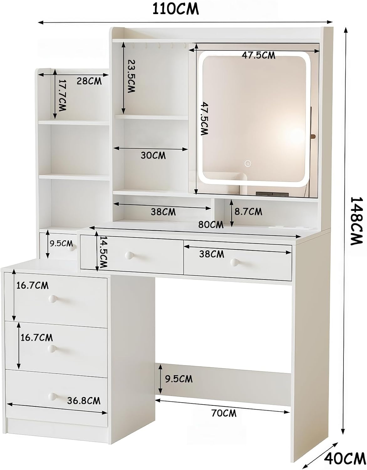 KINKUNCO Vanity dimensions diagram