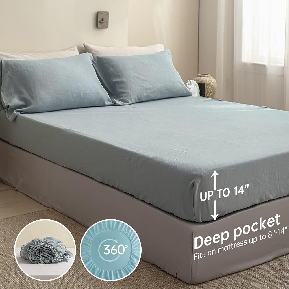 Simple&Opulence 100% Linen Sheet Set Solid Color-4 Pcs Washed French Linen Bed Sheets(1 Flat Sheet,1 Fitted Sheet,2 Pillowcases)-Breathable Bedding Set (Dusty Blue, Queen) : Home & Kitchen