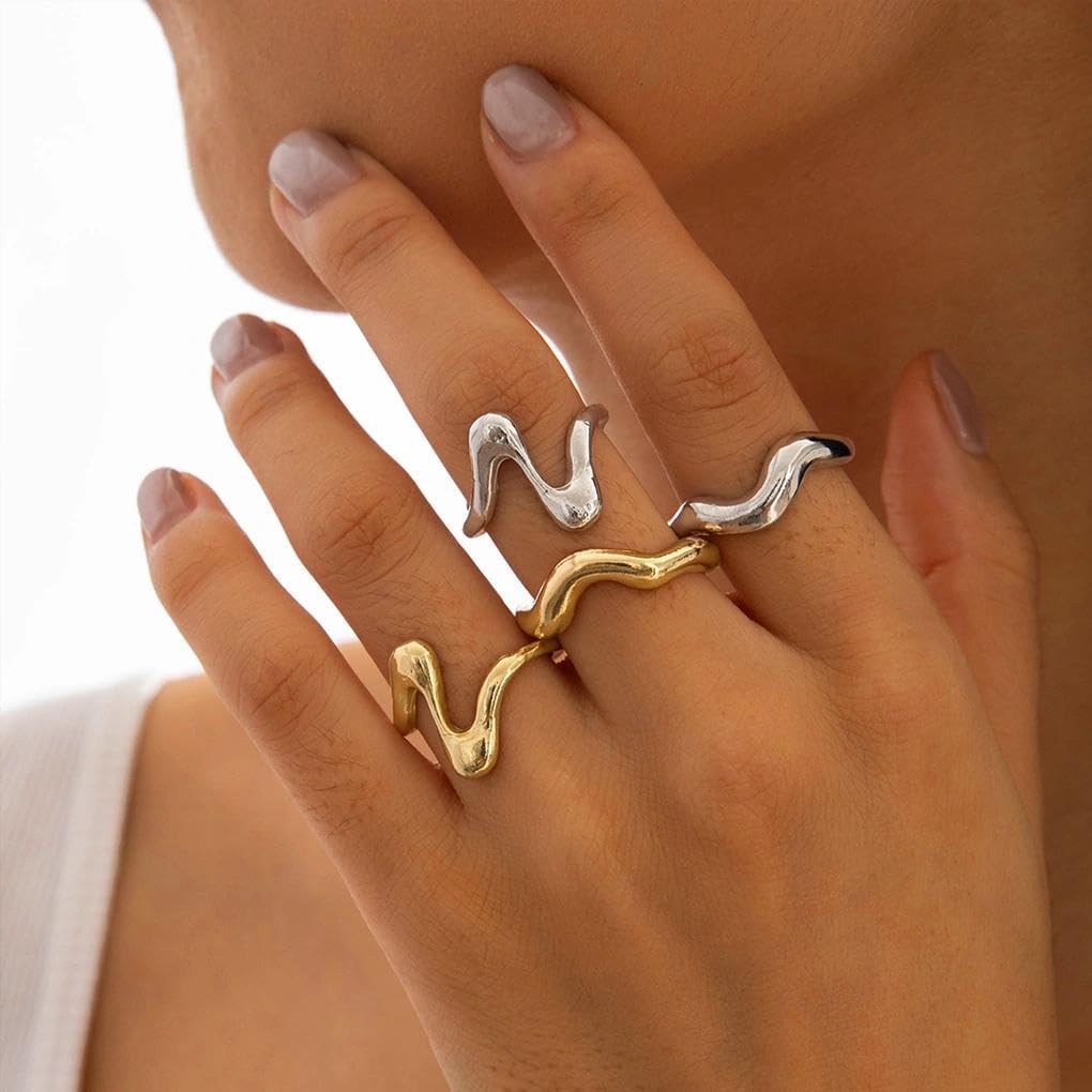Gold Silver Two Tone Rings for Women,Chunky Stackable Dome Wave Knuckle Rings,Trendy Rings Set Simple Jewelry - Image 2