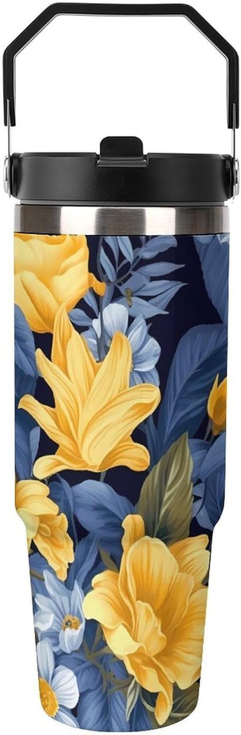 30oz Insulated Tumblers with Top Handle, Stainless Steel Blue Base Yellow Floral Car Cup with Straw for Gift, Leak-Proof Double Wall Vacuum Travel Mug, Personalized Water Bottles Black