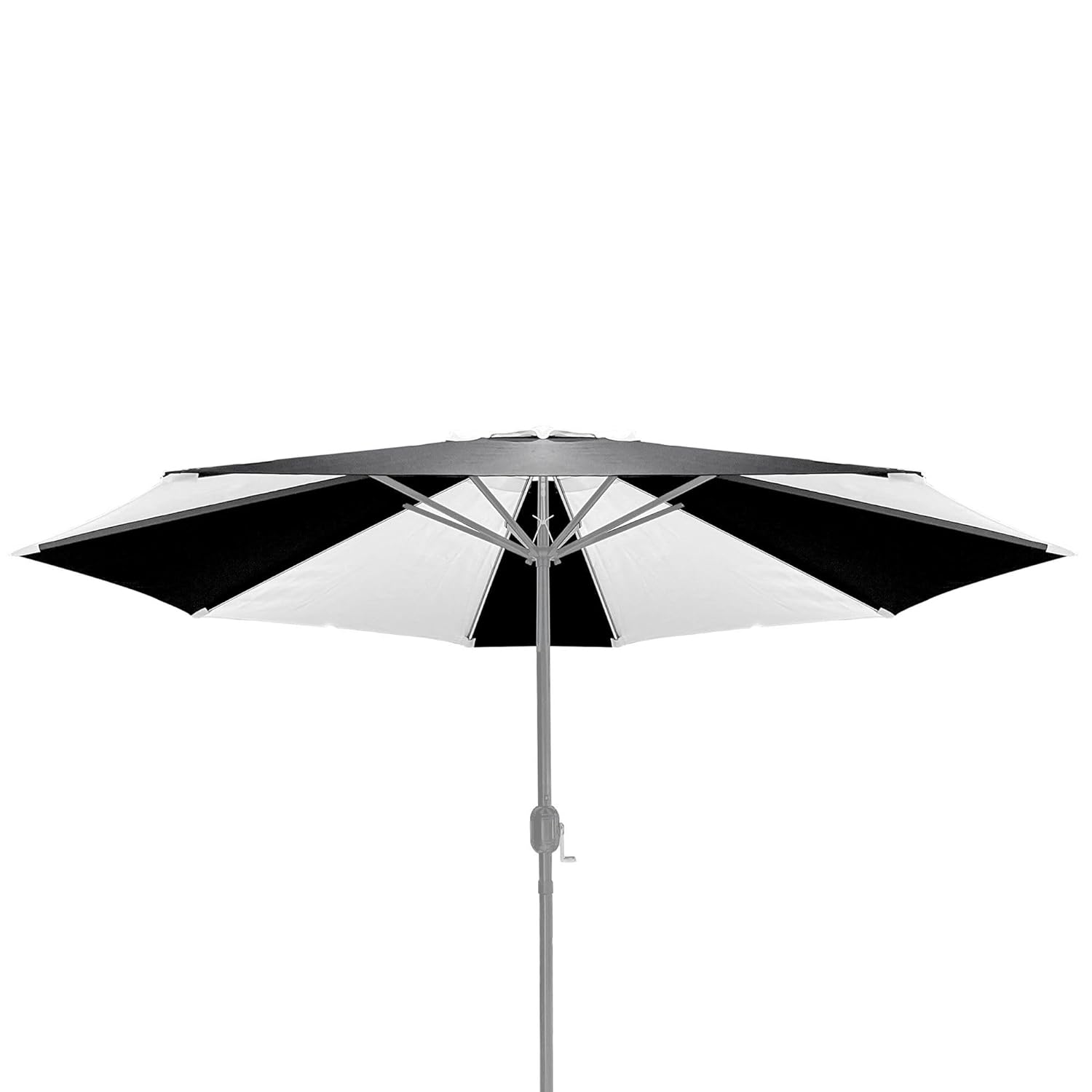 A GGM Gastro parasol with the SSH270 black and white fabric fully installed and open.