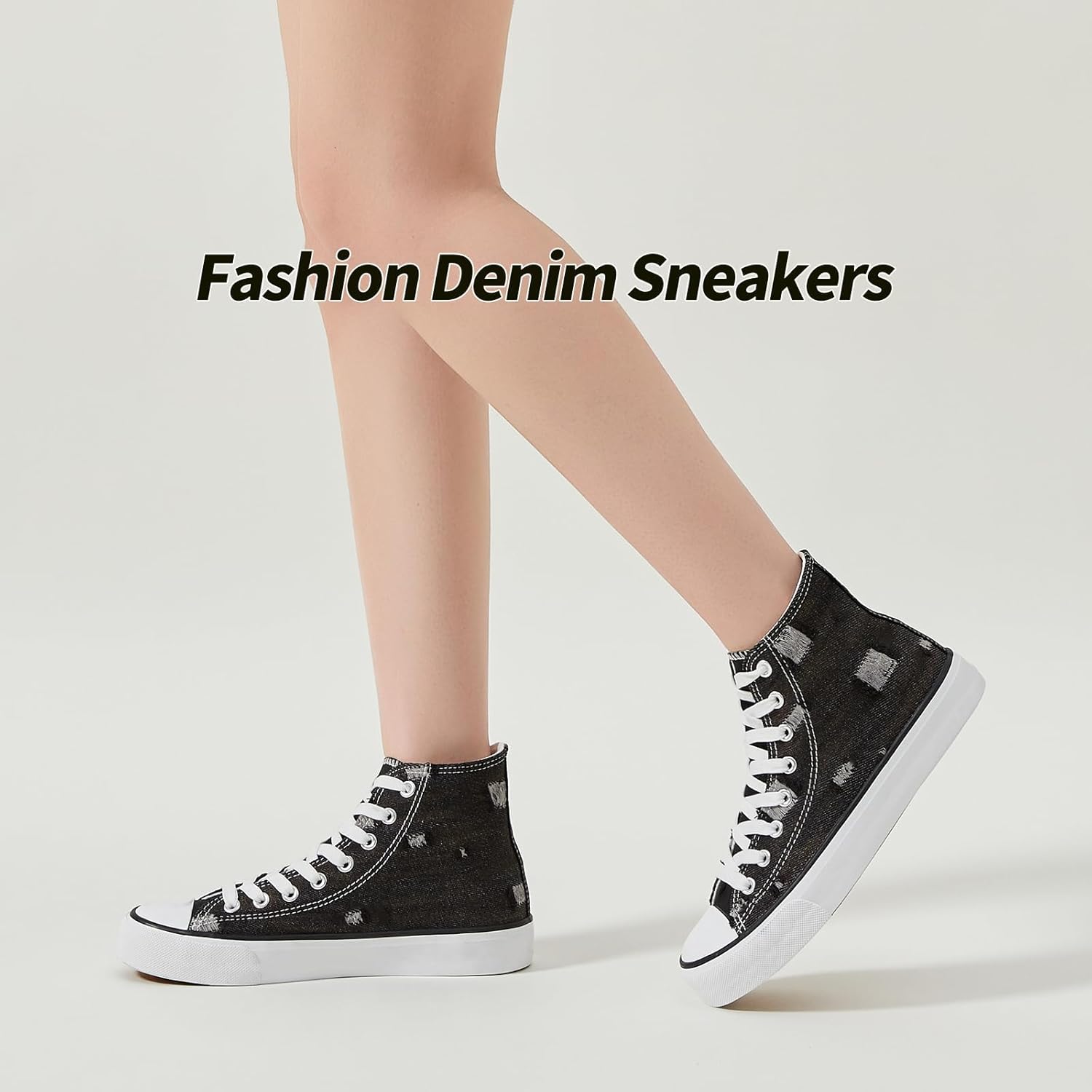 Womens High Top Sneakers,Black Canvas Tennis Shoes for Womens Fashion Lace Up Casual Shoes,Classic High Tops Walking Comfort Sneakers for Women - Image 2