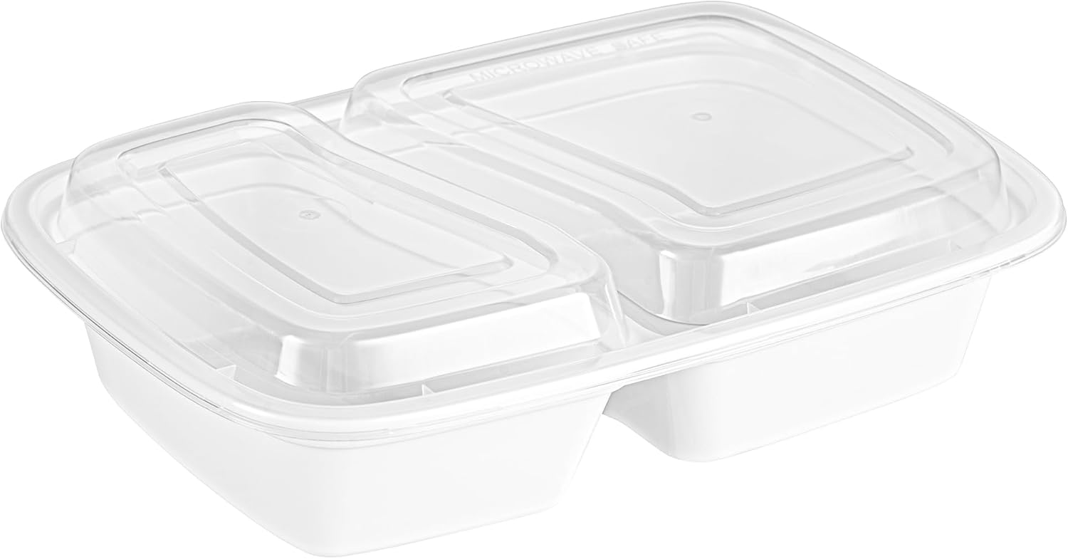 Asporto 32 Ounce Compartment Take Out Boxes, 50 Microwavable Meal Prep Containers - 2 Compartments, With Clear Plastic Lids, White Plastic Food Containers, Do Not Contain BPA - Restaurantware