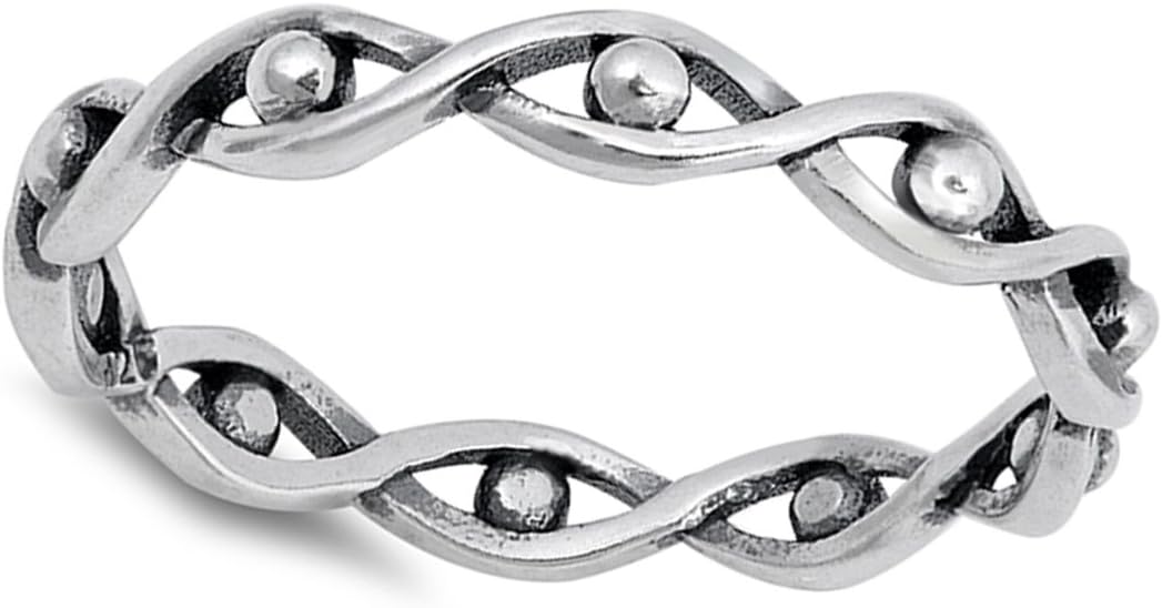Oxidized Infinity Knot Bead Evil Eye Ring .925 Sterling Silver Band Sizes 3-12