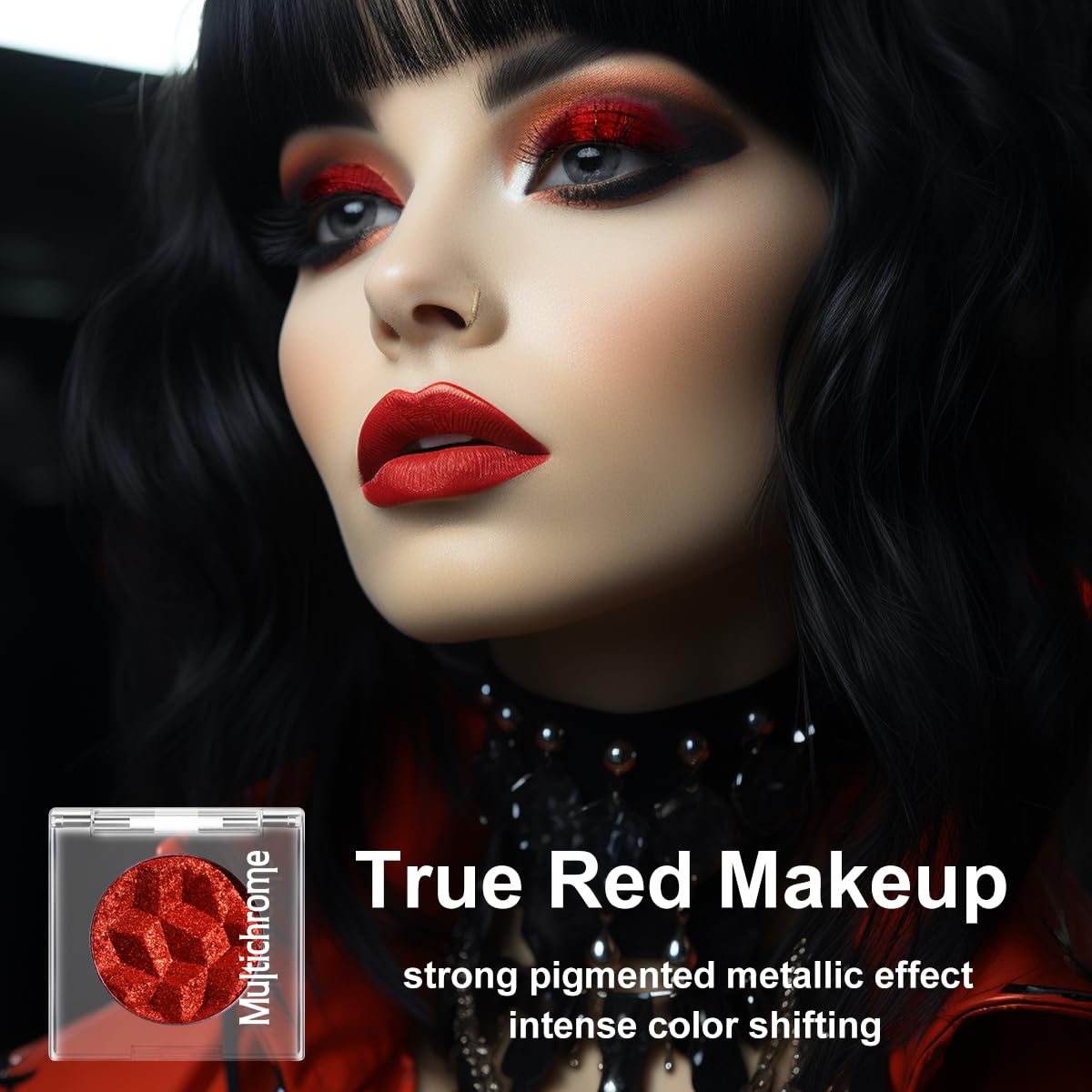 Sombra de ojos con purpurina roja camaleón, altamente pigmentada, paleta de sombra de ojos roja con purpurina metálica única, cambio de color intenso, cromado, rojo verdadero 2