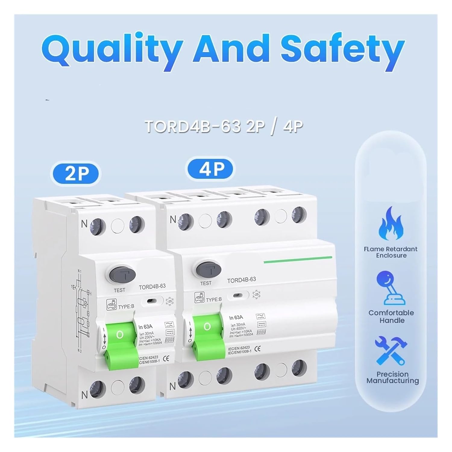 RCD RCCB Type B Earth Leakage Residual Current Circuit Breaker Evse 2P 4P AC 40a 63a 30ma 100ma 300ma 10KA Din Rail 230V(63A,4 Pole 30 mA)