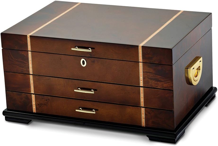 Solid High Gloss Rustic Burlwood Walnut Inlay 2-Drawer Jewelry Chest