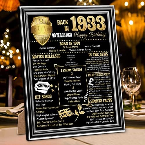 Benjia Back in 1932 Poster Framed UK, Happy 90th Birthday Party Decoration Supplies 8x10 Inch Home Decor Card Gift 90 Years Old Birthday Wedding Poster For Men Women (Black, 25x20cm)