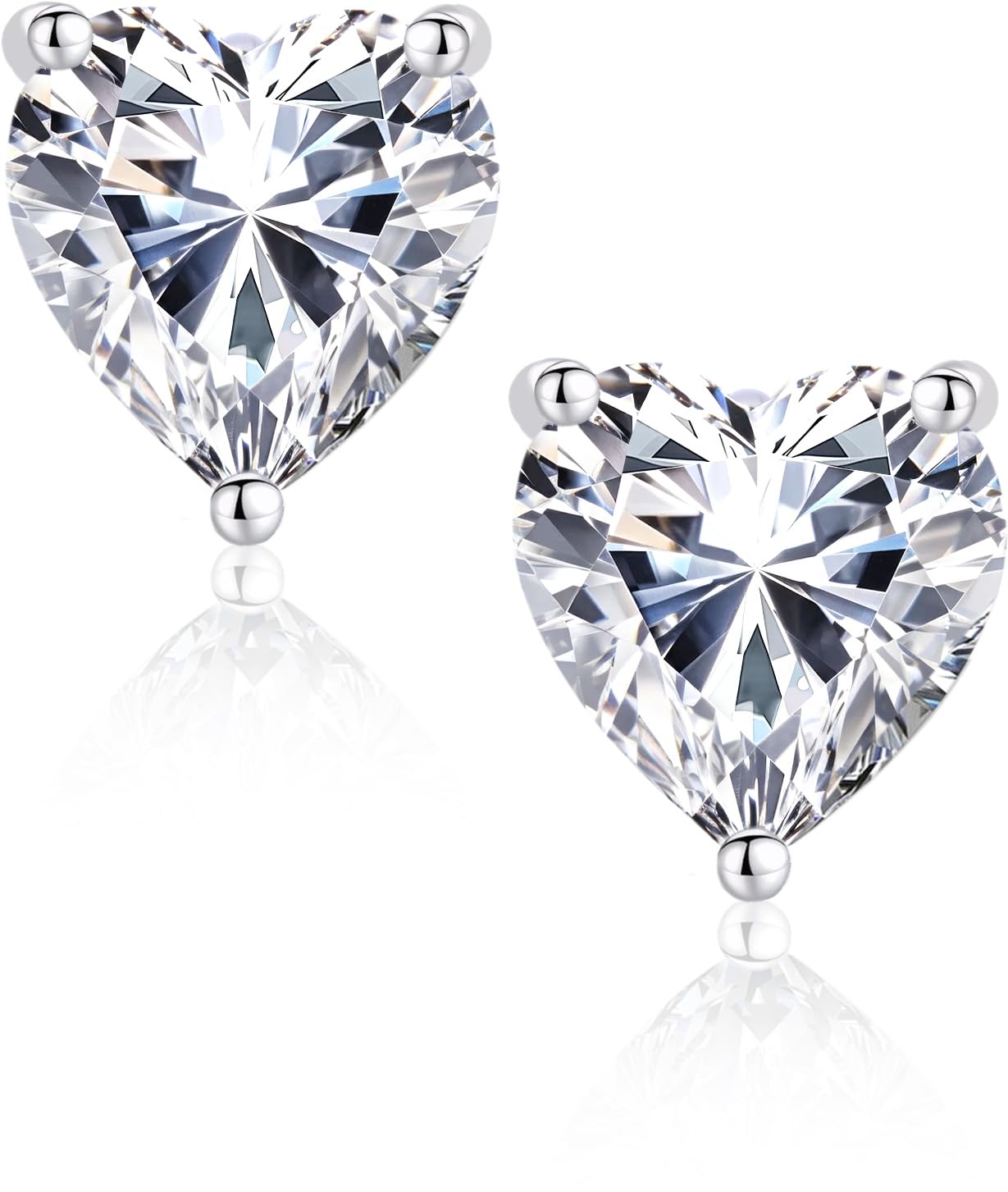 Silver Heart Cubic Zirconia Earrings Studs, 7MM CZ Stud Earrings for Women 925 Sterling Silver Post, Sparkling Hypoallergenic Heart Shape Princess Cut