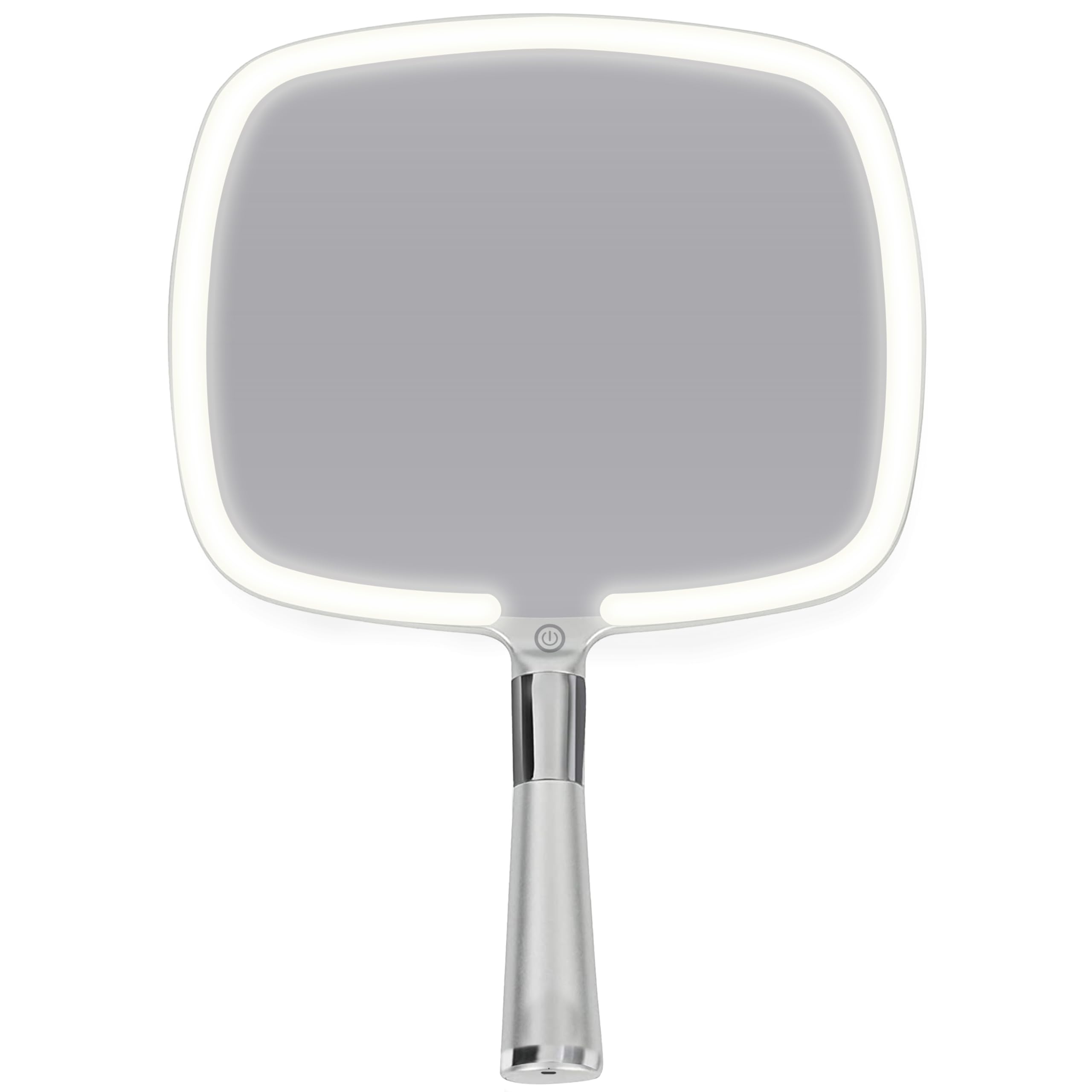 MIRRORVANA Lighted Travel Makeup Mirror - 2 in 1 Hand Mirror & Table Mirror with 3 Lighting Modes, Detachable Stand and Comfy Handle - 9" x 13" (Shiny Silver)