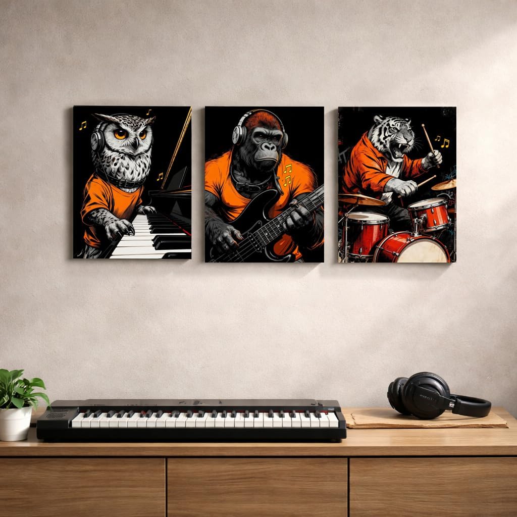 Rock Music Animal Canvas Wall Art Set of 3, 12x16 Inch Framed Owl Gorilla Tiger Band Wall Decor, Cool Black Orange Artwork for Teen Boy Bedroom Gaming Room, Ready to Hang