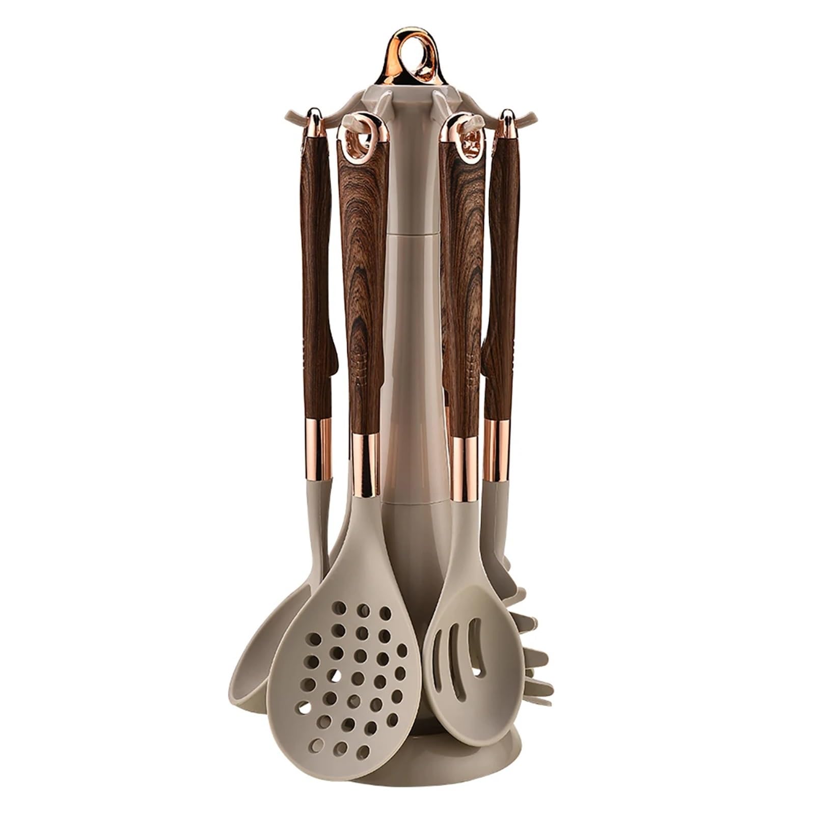 Silikon Küchenhelfer Set 8-teiliges Silikon-Küchengeschirr-Set, Topf, Schaufel, Suppenlöffel, Spaghetti-Klaue, Kochen mit Aufbewahrungsregal(Black A)