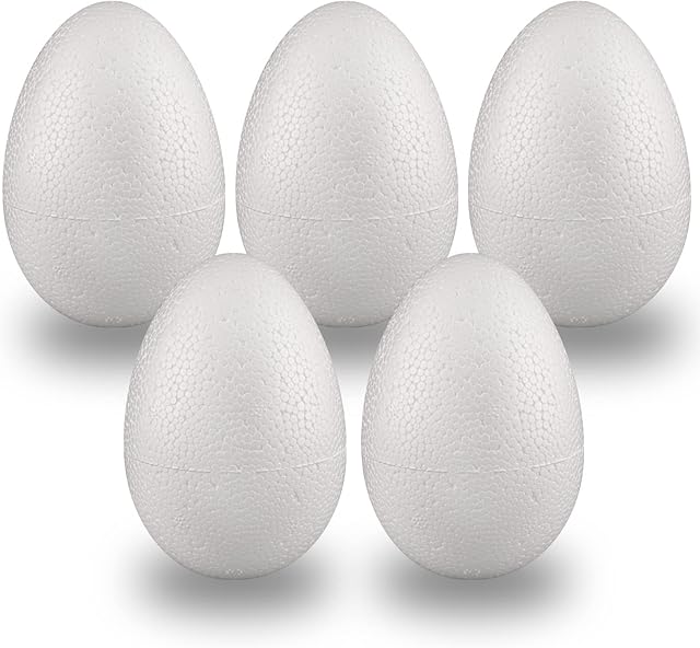 MCE-Commerce Polystyrene Eggs 10 cm Pack of 5 for Crafts and Decorating at Easter, Styrofoam, White