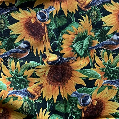 Sunflowers and Birds Cotton Fabric by The Yard