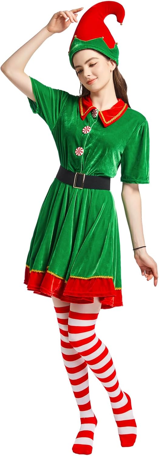 Elf Dress for Women Costume,Holiday Hat, Red Striped Stockings, Rubber Band Belt 4-Piece Set (Sizes: S, M, L, XL)