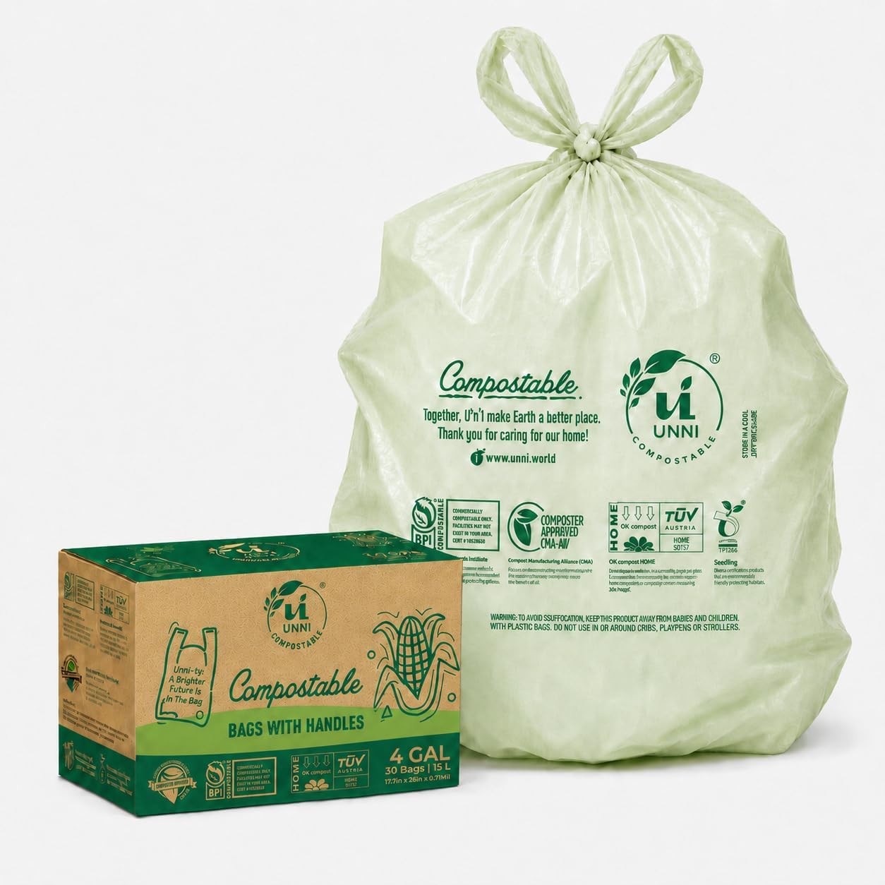 UNNI 2.6 Gallon Compostable Trash Bags with Tie Handles, 100 Count Small Food Scrap Kitchen Compost Bags for Countertop Bin, Certified by BPI, CMA & OK compost HOME, Meets ASTM D6400