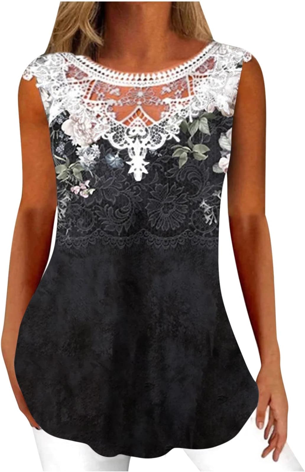 AMhomelySummer Vest Tops Women UK Sleeveless Tank Tops Crew Neck Lace Tops Elegant V Neck Blouses Longline Tunics Tops