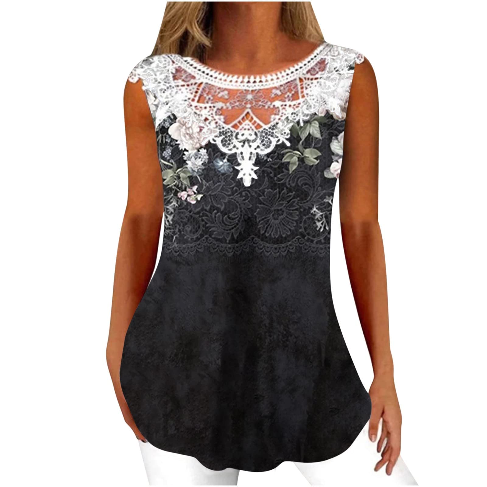 AMhomelySummer Vest Tops Women UK Sleeveless Tank Tops Crew Neck Lace Tops Elegant V Neck Blouses Longline Tunics Tops
