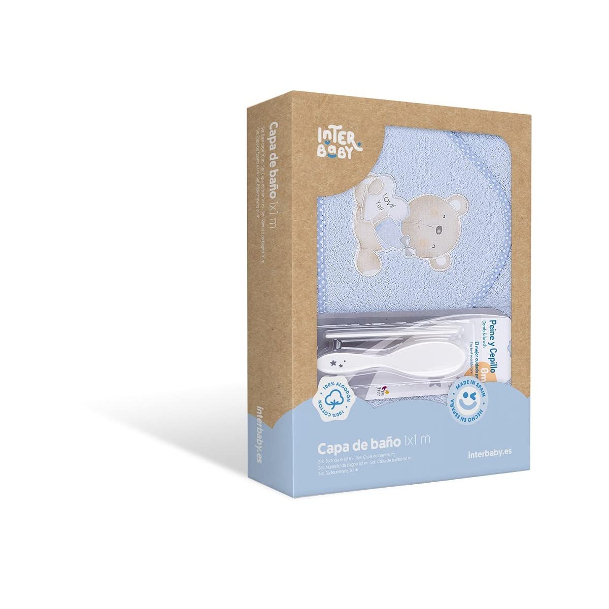 Interbaby P1177-01 Baby Hooded Bath Towel Love You Blue with Comb and Brush, Blue