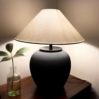Rustic Farmhouse Table Lamps, Black 21.6 Tall Ceramic Table Lamp, Simple Textured Ceramic Lamp Body with White Textured Shade Bedside Table Lamp for Living Room Bedroom Office Black