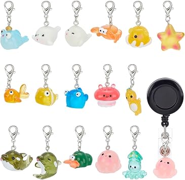 WEBEEDY 16 Styles Ocean Pals Badge Reel Charm Set Cute Animals Pendant Summer Badge Holder Charms with Lobster Clasp Clip-on Charm for Nurses Workers Teachers Lanyard Supplies Accessories
